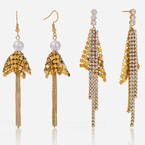 Vintage 18K Gold Plated Stainless Steel Geometric Tassel Dangle Earrings For Women With Faux Artificial Pearl And Rhinestone