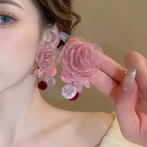 Flower Dangle Earrings Mesh Rose Pom-Poms Resin Petals With 925 Sterling Silver Earring Post Sweet Korean Style Jewelry