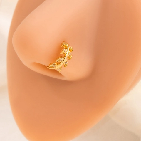 Fashion Nose Rings Zircon Inlaid Alloy Gold Plated Leaf Flower Shaped Non Piercing Body Jewelry For Women Minimalist