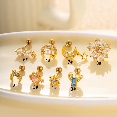 Knorpelstecker Kupfer Zirkon Edelstahlstift Stern Mond Blume Helix Piercing Schmuck Schraubverschluss Für Damen