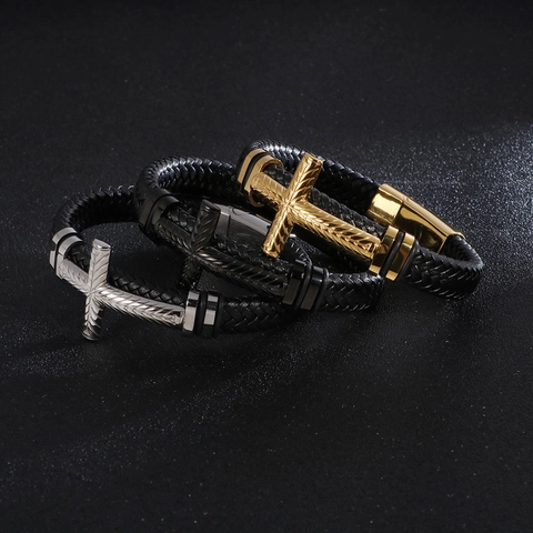 Bracciale In Pelle Intrecciata Da Uomo 316L Acciaio Inossidabile Ciondolo A Croce Religioso Bracciale Minimalista Con Chiusura Magnetica