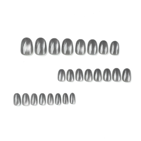 Grey Cat Eye Press On Nägel Kurz Oval Magnetisch Schimmer Falsche Nägel Für Frauen Mit Kleber