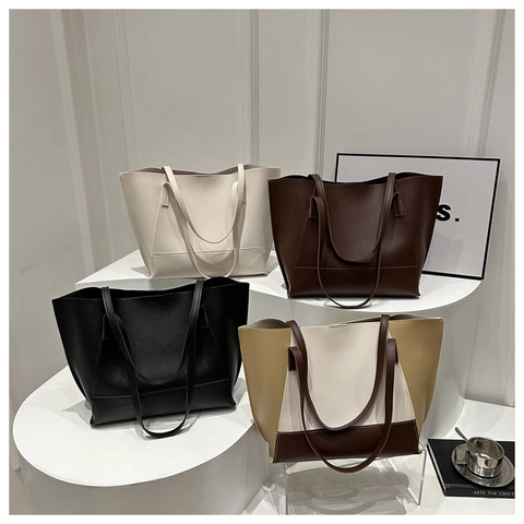 Bolsos De Mano Para Mujer Cuero PU Bolso Tote De Gran Capacidad Y Bolsa A Juego Minimalista Bloque De Color Cartera De Diario