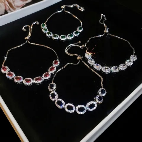 Elegante Bracciale Zircone Ovale Rame Regolabile Catena Scorrevole Design Halo Gioielli Moda Accessori Donna