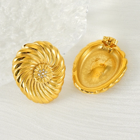 18K Gold Plated Stainless Steel Stud Earrings For Women Retro Spiral Texture Oval Rhinestone Fashion Jewelry