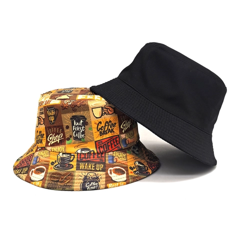 Vintage Koffie Print Vissershoed Polyester Zonbescherming Ademend Zonnehoed Strand Reizen Outdoor Accessoire Voor Dames