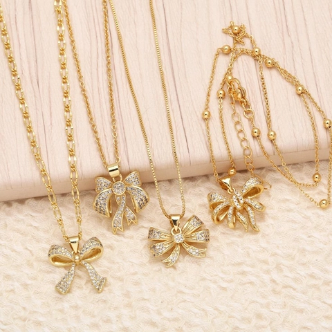 Elegante Collana con Ciondolo a Fiocco in Rame Placcato Oro Con Zirconia Catena Minimalista da Clavicola Gioielli Regalo Donna Festa della Mamma