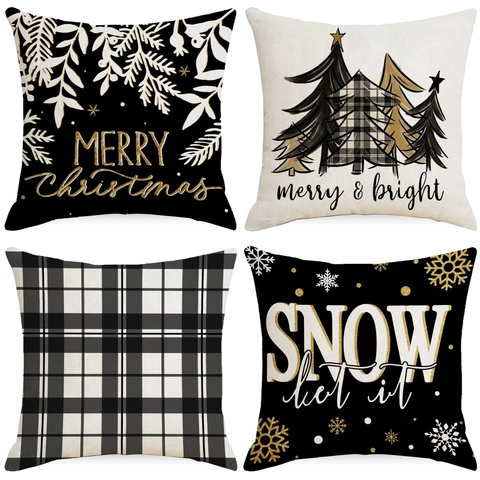 Fundas De Almohada De Navidad Lino Fundas De Cojín Decorativas Para Sofá Sala De Estar Merry Christmas Patrón Copo De Nieve Negro Oro Blanco