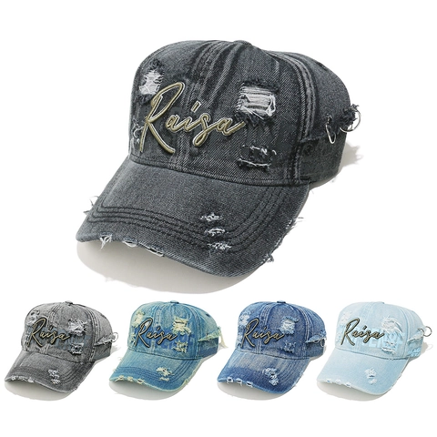 Cappello Da Baseball In Denim Lavato Berretto Con Visiera Strappata Con Anelli Di Metallo Ricamo Unisex