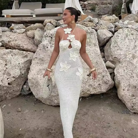 Halter Neck Häkel Maxi Kleid 3D Blumen Applikation Hohl Aus Ärmellos Rückenfrei Boho Strand Urlaub Langes Kleid Damen