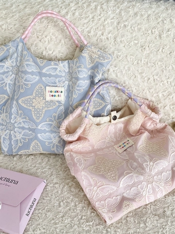 Sac À Main Fourre-Tout Brodé Papillon Dentelle Polyester Poignées Tressées Fermeture À Pression Décontracté Quotidien Femmes