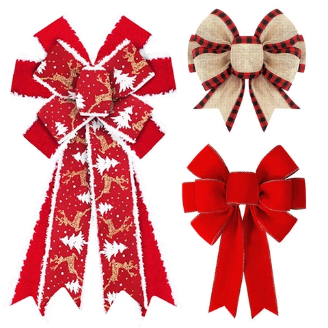 Large Christmas Bows Velvet Burlap Plaid Edge Reindeer Snowflake Print Hanging Decoration Tree Holiday Party Decor