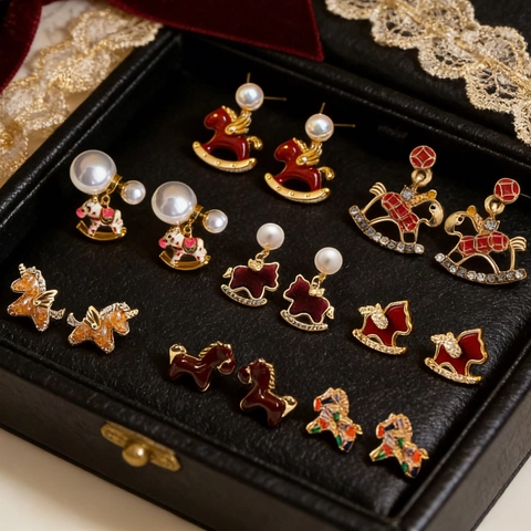 Vintage Rocking Horse Stud Earrings Enamel Drip Oil With Silver Earring Post Copper Rhinestone Elegant Jewelry For Women