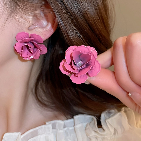 3D Flower Rose Stud Earrings With Silver Earring Post Alloy Enamel Floral Pink Vintage Sweet Jewelry For Women