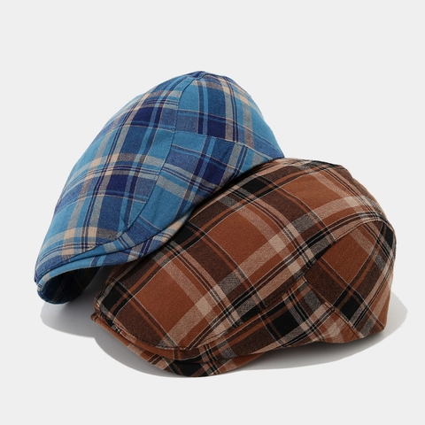 Retro Checkered Flat Cap British Vintage Pure Cotton Adjustable Beret Hat For Men Women Breathable Plaid Duckbill Cap