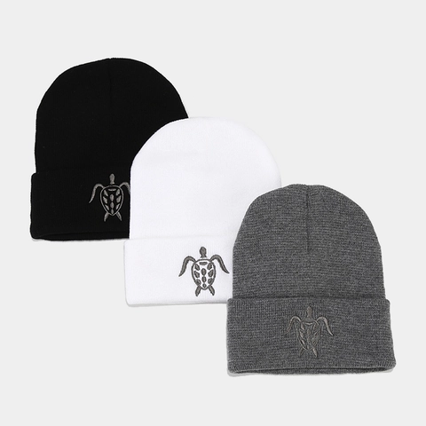 Sea Turtle Embroidery Acrylic Knit Beanie Hat Warm Ribbed Cuffed Winter Outdoor Fashion Headwear For Men Women