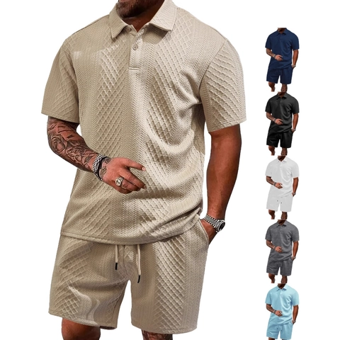 Polo Et Short Pour Hommes Texture Gaufre Tricot Jacquard Tenues Décontractées Sport Vacances Été Mode Vêtements
