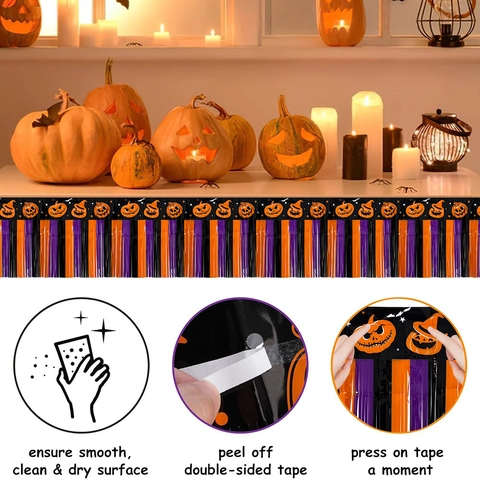 Halloween Folien Fransenvorhang Banner Schwarz Orange Lila Gestreifte Quasten Girlande Mit Kürbismuster Für Party Dekoration