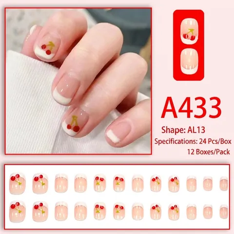 Cherry Pattern French Tip Press On Nails Nude Pink Short Fake Nails With Glue For Women Daily Wear Sweet Style