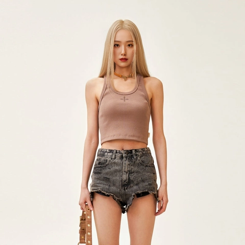 Pantaloncini Di Jeans A Vita Alta Strappati Orlo Sfilacciato Ricamo Croce Acid Wash Streetwear Retro Hot Pants