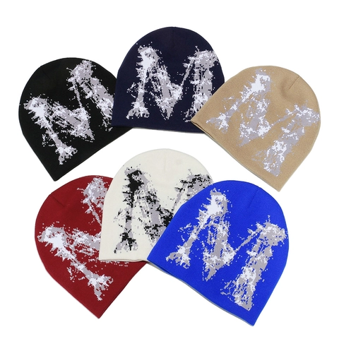 Berretto In Maglia Acrilico Jacquard Lettera M Motivo Pixel Caldo Antivento Streetwear Hip Hop Unisex Retrò