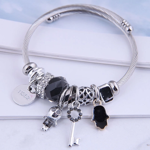 Women Stainless Steel Wire Cable Bangle With Alloy Hamsa Hand Key Crystal Charms Adjustable Vintage Ethnic Jewelry