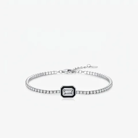 925 Sterling Silber Tennis Armband Für Damen Smaragdschliff Zirkonia Rechteck Schwarz Emaille Schmuck