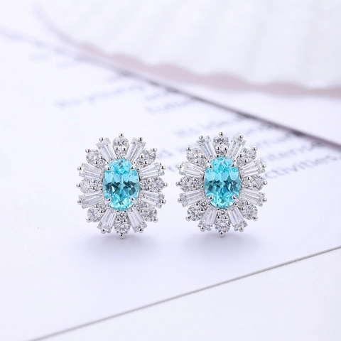 Lussuosi Orecchini a Bottone in Argento Sterling 925 con Gema Paraiba Blu Artificiale Eleganti Orecchini Floreali con Strass Donna