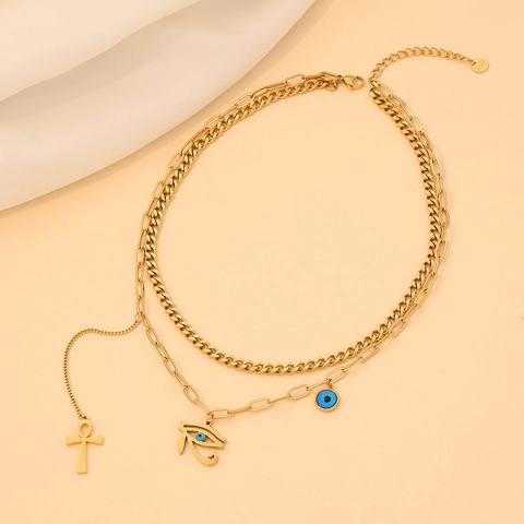 Collana Doppio Strato Acciaio Inossidabile Placcato Oro Occhio Di Horus Croce Ankh Pendenti Donna Stile Egiziano Gioielli