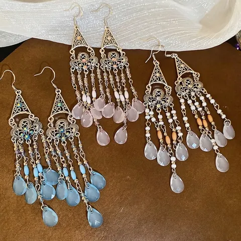 Boheemse Lange Kwastje Oorbellen Met Zilveren Oorsteker Holle Driehoek Waterdruppel Kralen Legering Strass Vintage Stijl Vrouwen