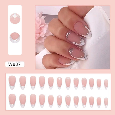 Uñas Postizas Largas Almendradas Mate Con Puntas Francesas Blancas Y Líneas Plateadas Onduladas Uñas Artificiales Elegantes