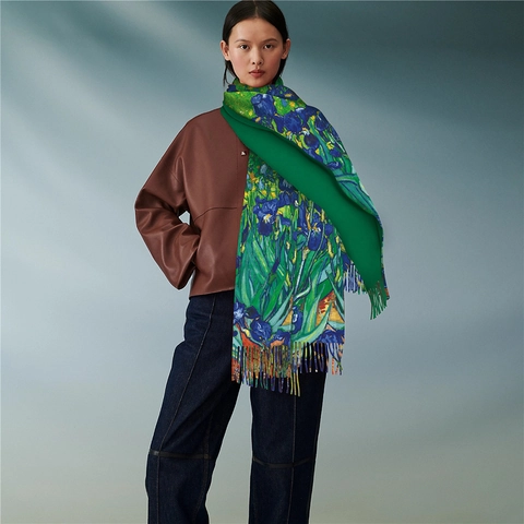 Van Gogh Oil Painting Irises Print Scarf For Women Long Winter Warm Pashmina Style Shawl With Tassels Artistic Wrap