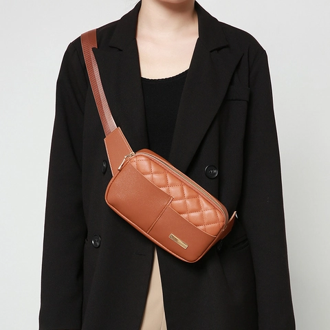 Quilted PU Leather Waist Bag Crossbody Chest Pack Fashion Lattice Adjustable Strap For Women Casual Travel Streetwear