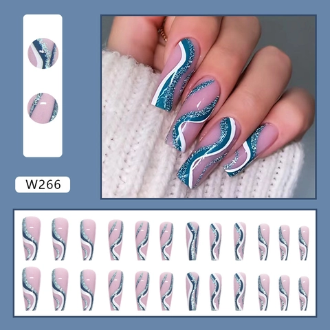 Long Ballerina Press On Nails Blue White Wave Pattern Glitter Artificial False Nails French Style Elegant Manicure For Women