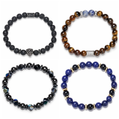 Natural Tiger Eye Agate Stone Beaded Bracelet With Copper Lion Head Elastic Charm Jewelry For Men And Women
