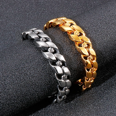 Pulsera De Cadena Cubana Para Hombre Acero Inoxidable 316L Calavera Grabada Punk Gótico Hip Hop Joyería