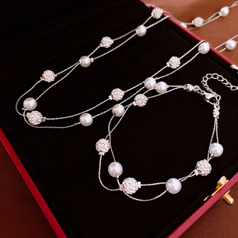 Elegant Double Layer Imitation Artificial Pearl Necklace And Bracelet With Sparkling Rhinestone Ball Alloy Jewelry For Women