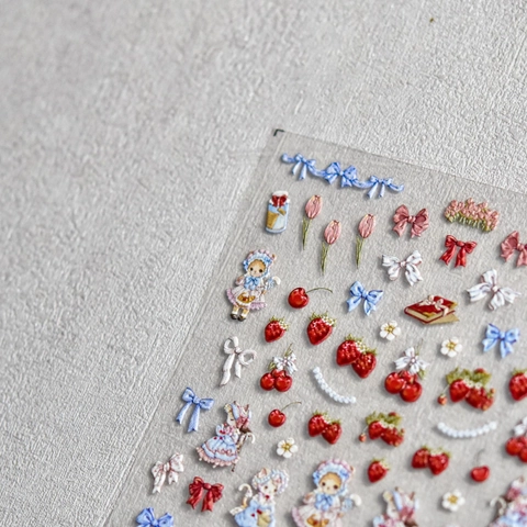 3D Embossed Nail Art Stickers Retro Japanese Style Strawberry Cat Girl PET DIY Decorative Decals For Women