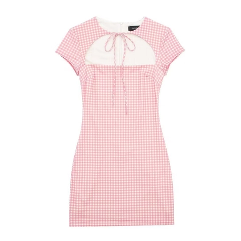 Abito Mini da Donna in Gingham Rosa a Maniche Corte Sexy Cutout Lacci Bodycon Slim Fit Estate Plaid Dolce Casual