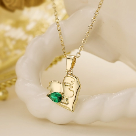 Collier Pendentif Cœur Cuivre Zircon Vert Texture Métal Liquide Plaqué Or Bijoux Mode Femmes
