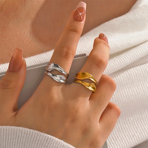 Irregular Wave Open Ring 18K Gold Plated Stainless Steel Adjustable French Retro Style Jewelry For Women