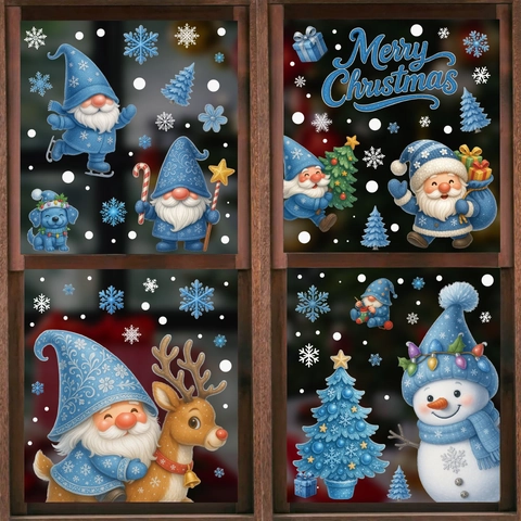 Christmas Window Stickers Blue Gnomes Snowman Reindeer Snowflake Static Clings Holiday Home Glass Decals Removable