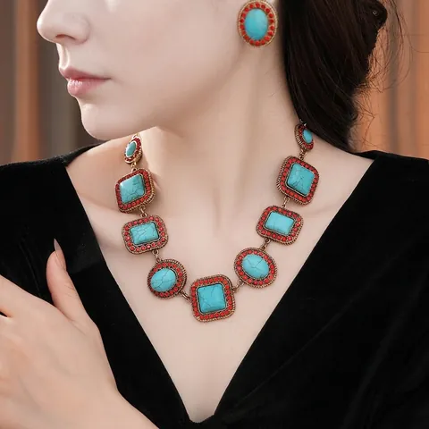 Turquoise Red Rhinestone Necklace And Earrings With Silver Earring Post Alloy Vintage Retro Court Style For Women