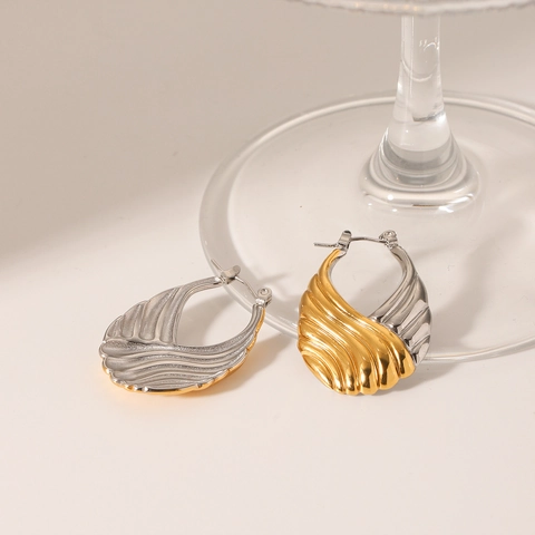 Orecchini A Cerchio In Acciaio Inossidabile Bicolore Oro E Argento Texture Ondulata Gioielli Geometrici Donna