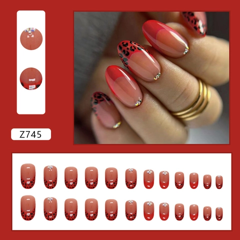 Rode Franse Luipaardprint Press On Nagels Ovale Vorm Strass Decor Glanzende ABS Kunstnagels Voor Vrouwen