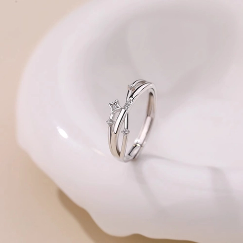 Elegant Copper Star Adjustable Open Ring For Women Light Luxury Inlaid Zirconia Silver Tone Minimalist Finger Jewelry