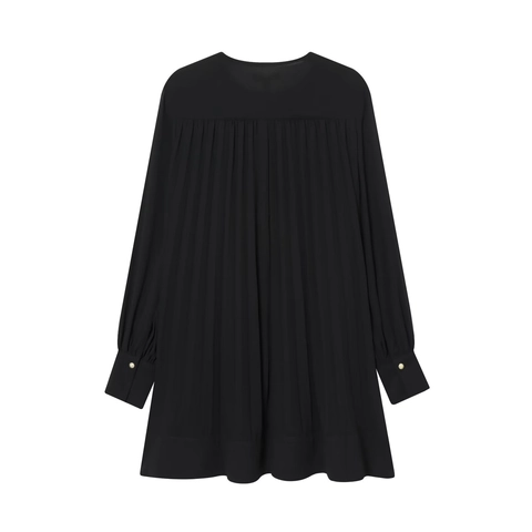 Mini Dress Artificial Pearl Chiffon Pleated Round Neck Lantern Long Sleeve Solid Black Elegant Vacation Style Women