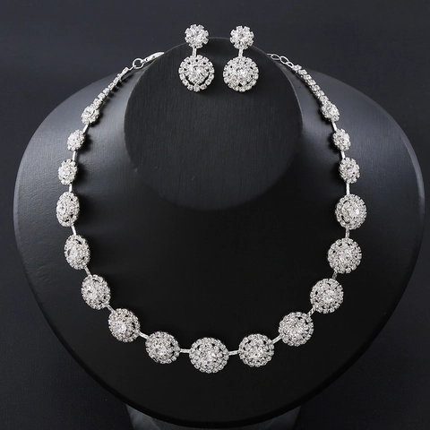 Luxurious Copper Round Sun Flower Rhinestone Jewelry Collection Silver Color Necklace Earrings For Wedding Banquet Women Jewelry