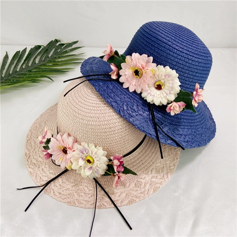 Chapeau De Paille Femme Été Bob Large Bord Protection Solaire Pliable Chapeau De Plage Avec Décoration De Grande Fleur Et Cordon