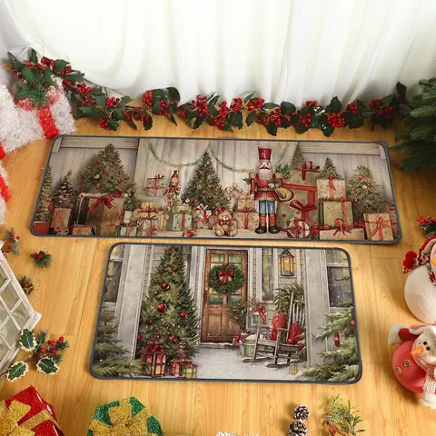 Christmas Kitchen Floor Mats Polyester Crystal Velvet Anti-Slip Washable Festive Thick Home Holiday Decor Durable Foot Pads